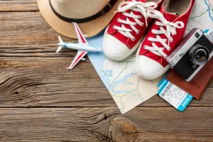 travel items, shoes, airplane, map, hat, map, hat